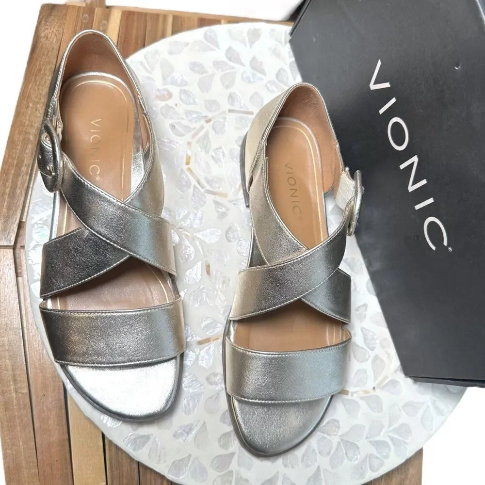 Vionic Pacifica Supportive Orthotic Sandal Gold Metallic Leather Women’s 9 Wide